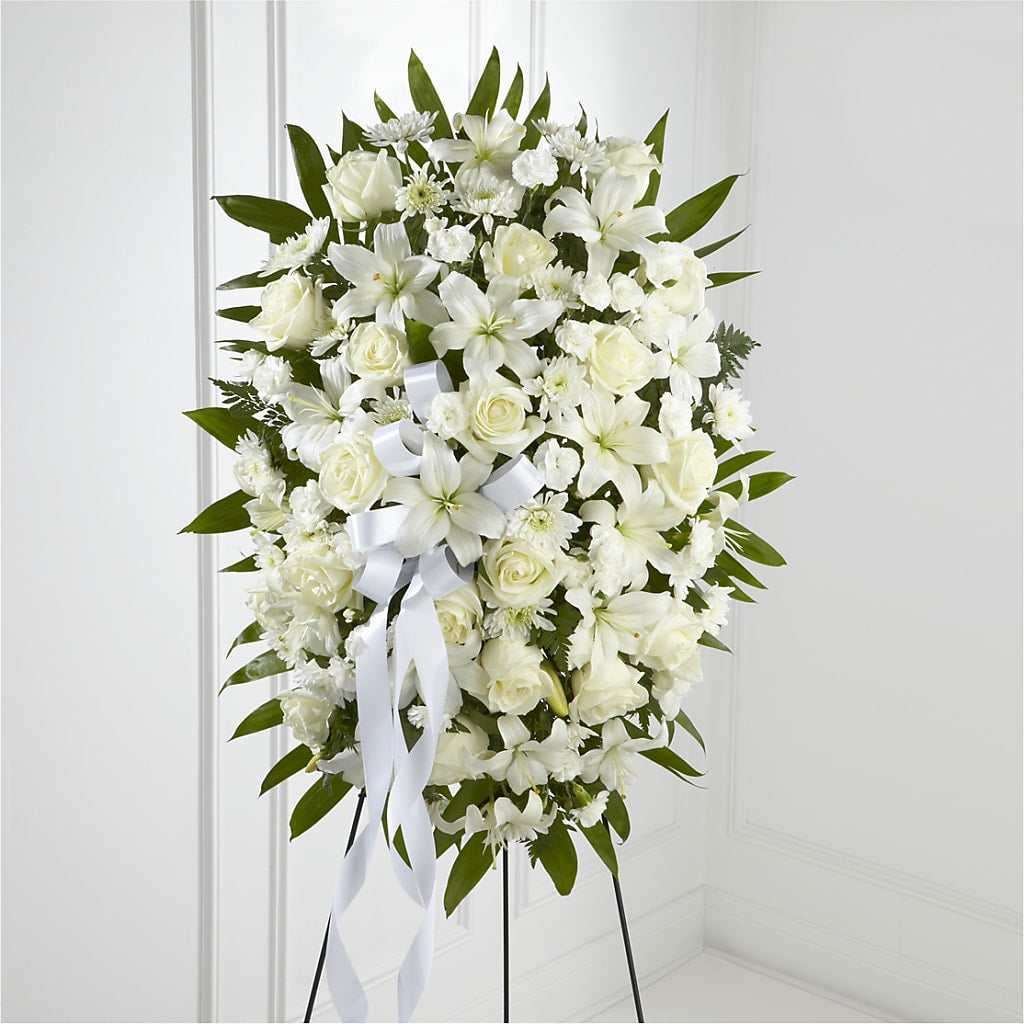 Exquisite Tribute Standing Spray-White Ribbon – Seminole Flower Shop Inc, Sanford FL
