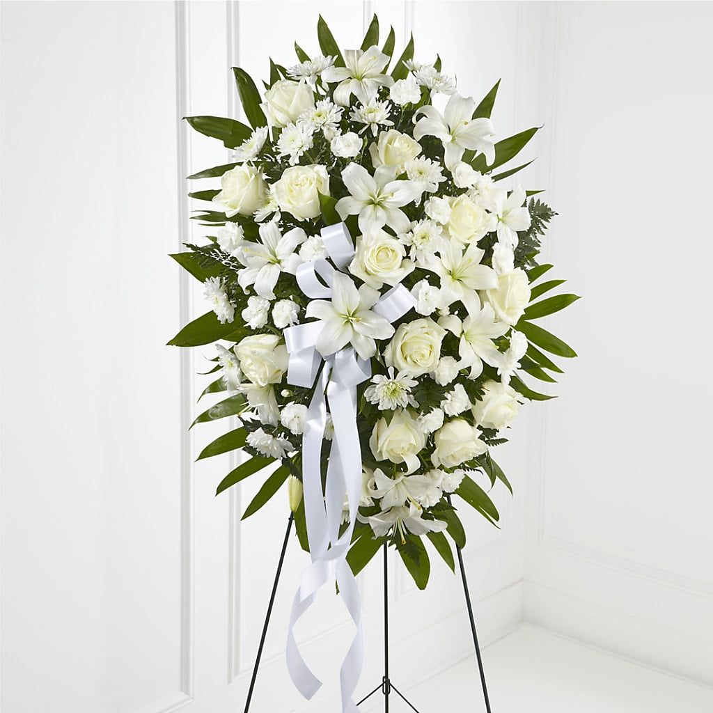 Exquisite Tribute Standing Spray-White Ribbon – Seminole Flower Shop Inc, Sanford FL