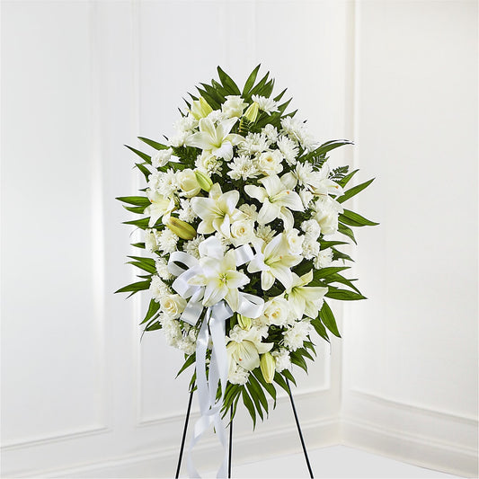 Exquisite Tribute Standing Spray-White Ribbon – Seminole Flower Shop Inc, Sanford FL